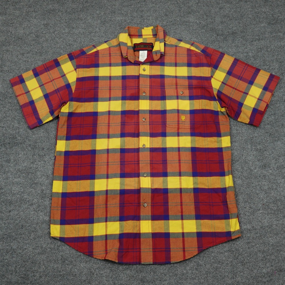 Vintage Twenty X Shirt Mens Large Yellow Red Plaid Short Sleeve Button Western